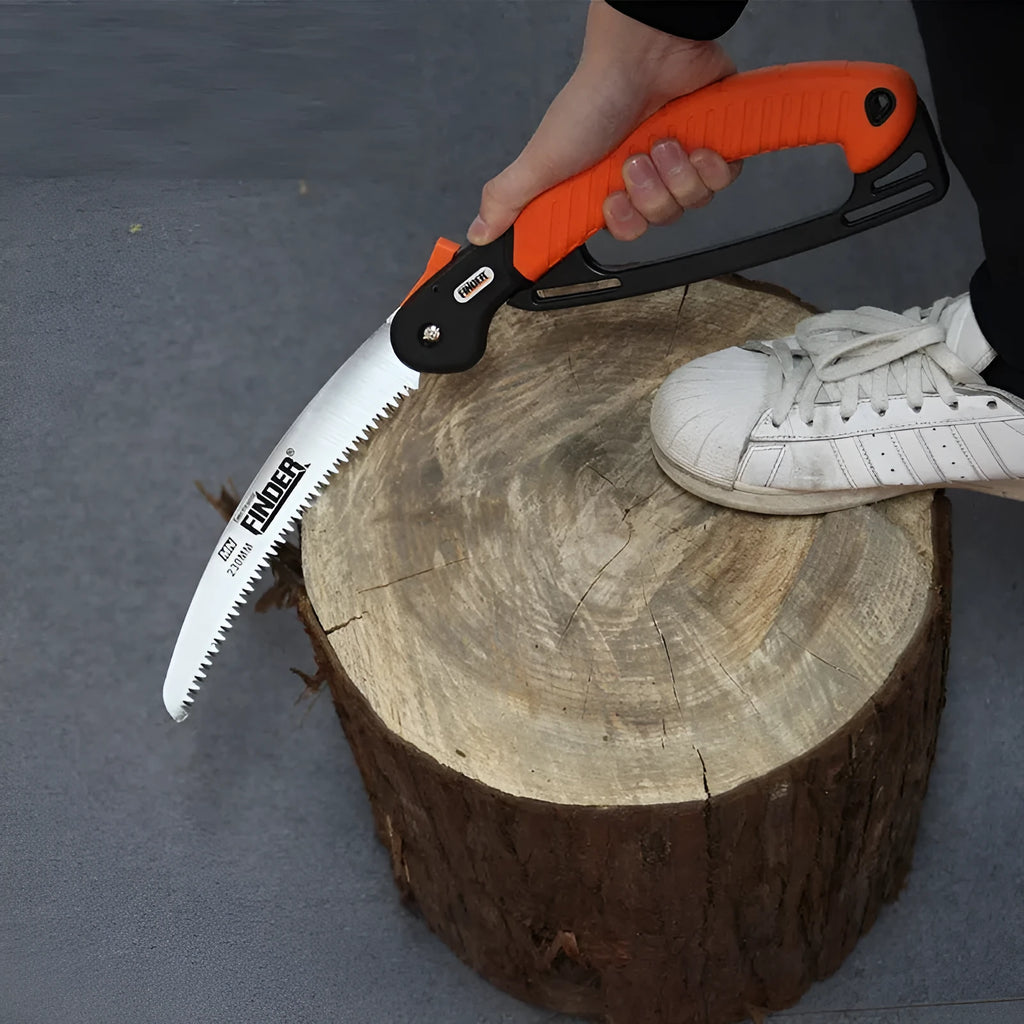 A folded and unfolded view of a 9-inch garden saw with a TPR grip and 65MN steel blade.