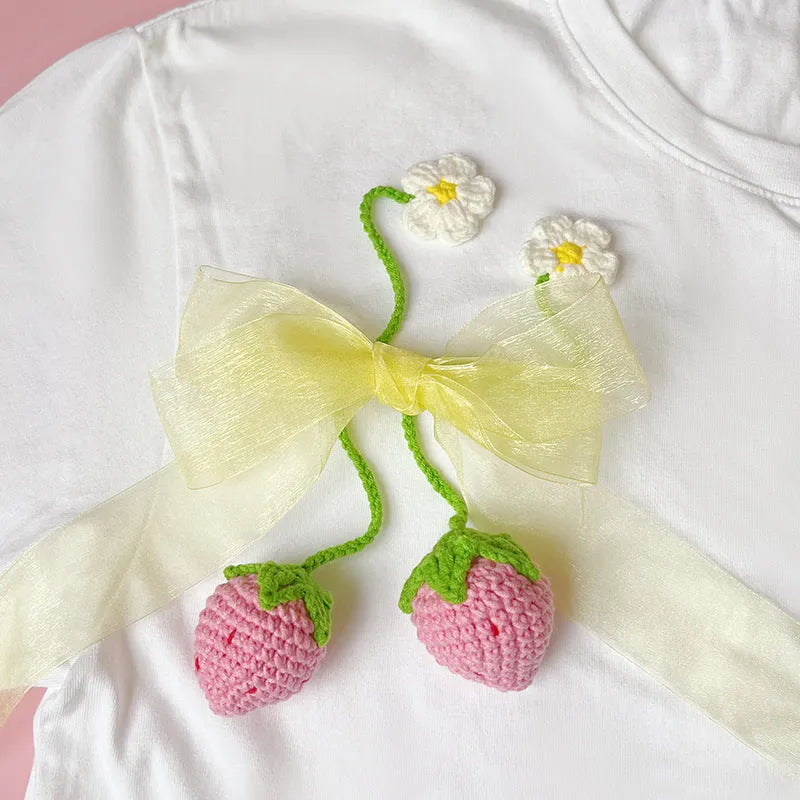 Wool crochet strawberry pendant necklace in pink or red colour with 35cm length