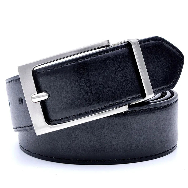 Men's dark brown genuine leather belt with a silver rotating pin buckle laid flat.