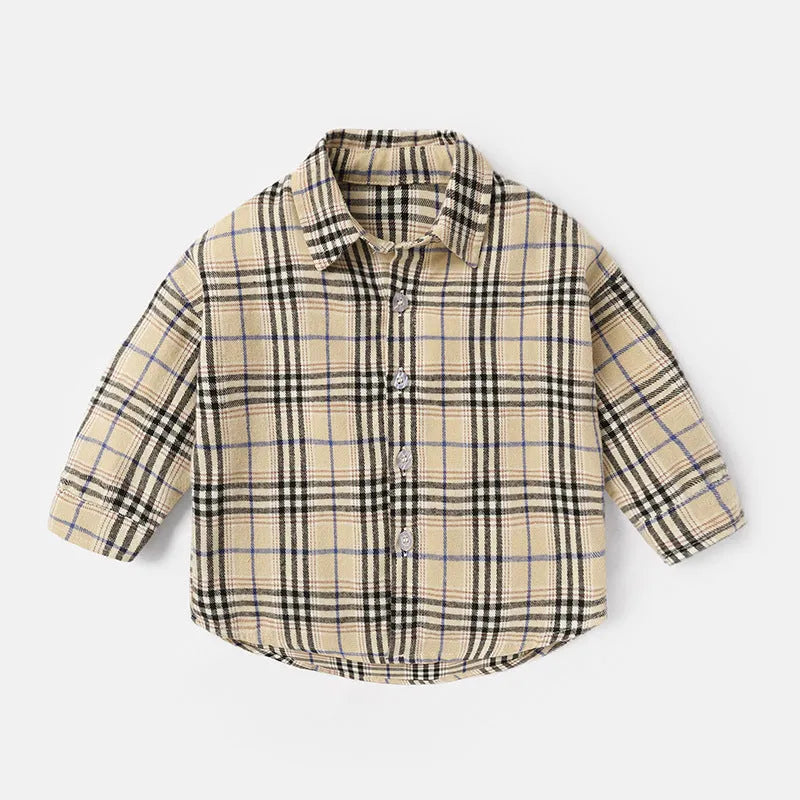 Boys cotton lattice print long sleeve shirt in khaki with animal cartoon pattern