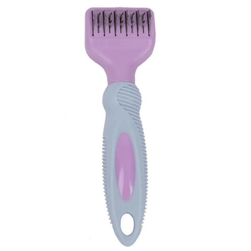 Pink stainless steel dog comb with built-in knot knife and massage brush for pet grooming