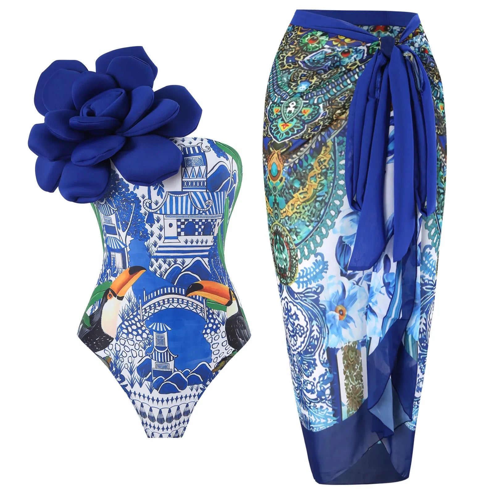 Women's blue printed one-piece swimsuit with matching gauze skirt, a holiday outfit set for swimming.