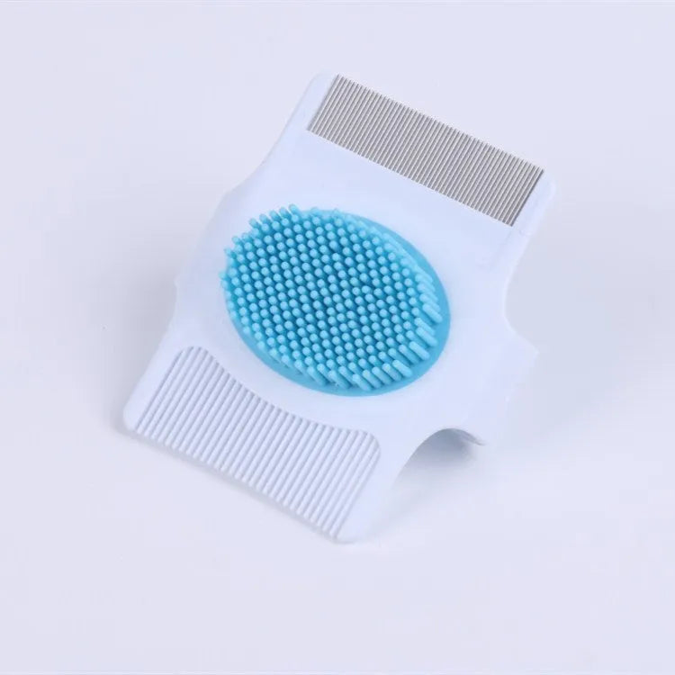 Blue pet grooming comb with floating hair removal feature for dogs and cats