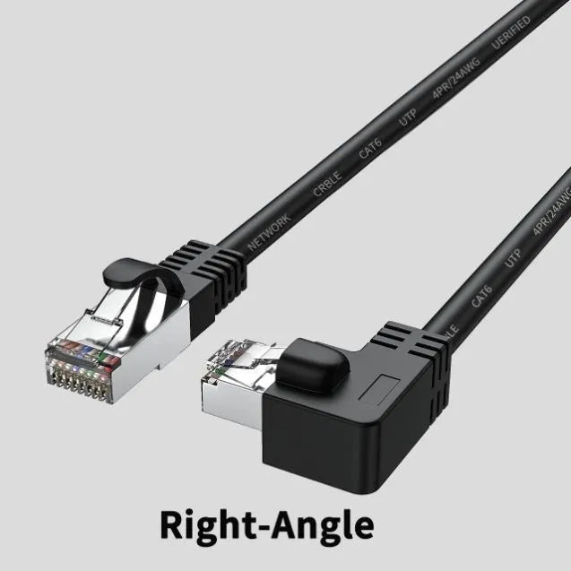 Right-angle Cat6 Ethernet cable with metal RJ45 connectors in various colours and lengths
