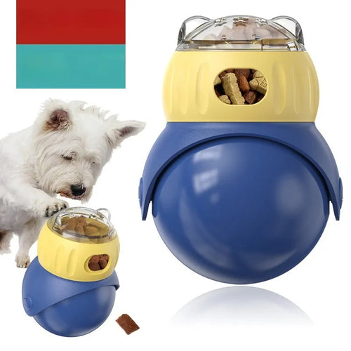 Morandi yellow and blue owl-shaped cat food puzzle feeder for self-service feeding