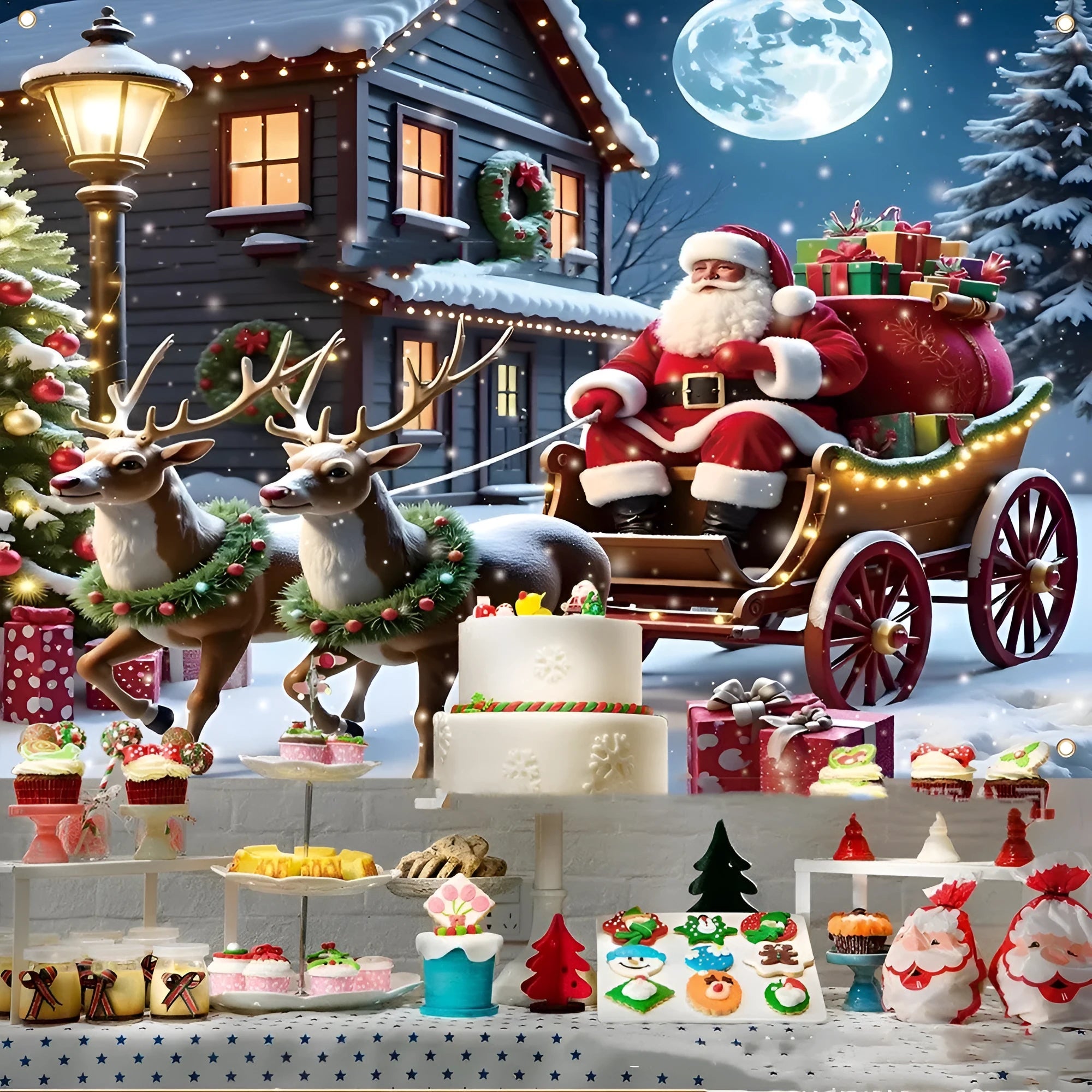 Red and white Santa Claus Christmas banner with gifts measuring 210 cm by 150 cm