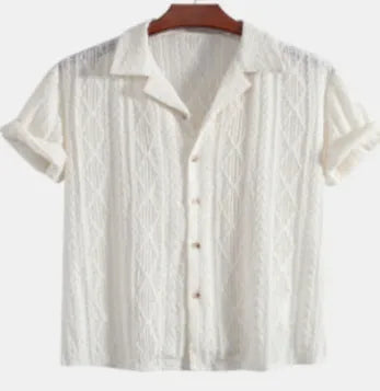 Men's loose casual beachwear shirt in solid colour with short sleeves and cardigan style
