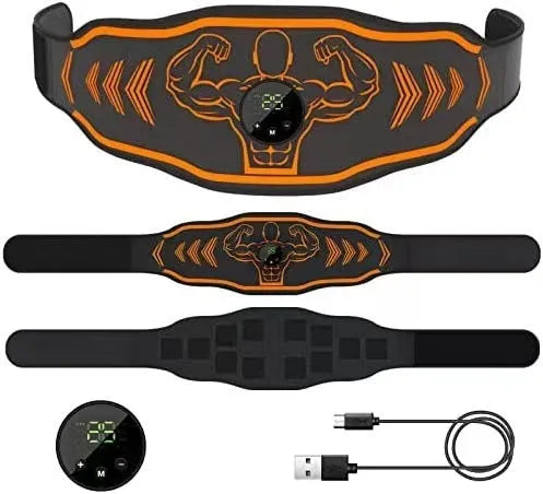 Blue and orange smart EMS massage belt set with rechargeable host and arm stickers