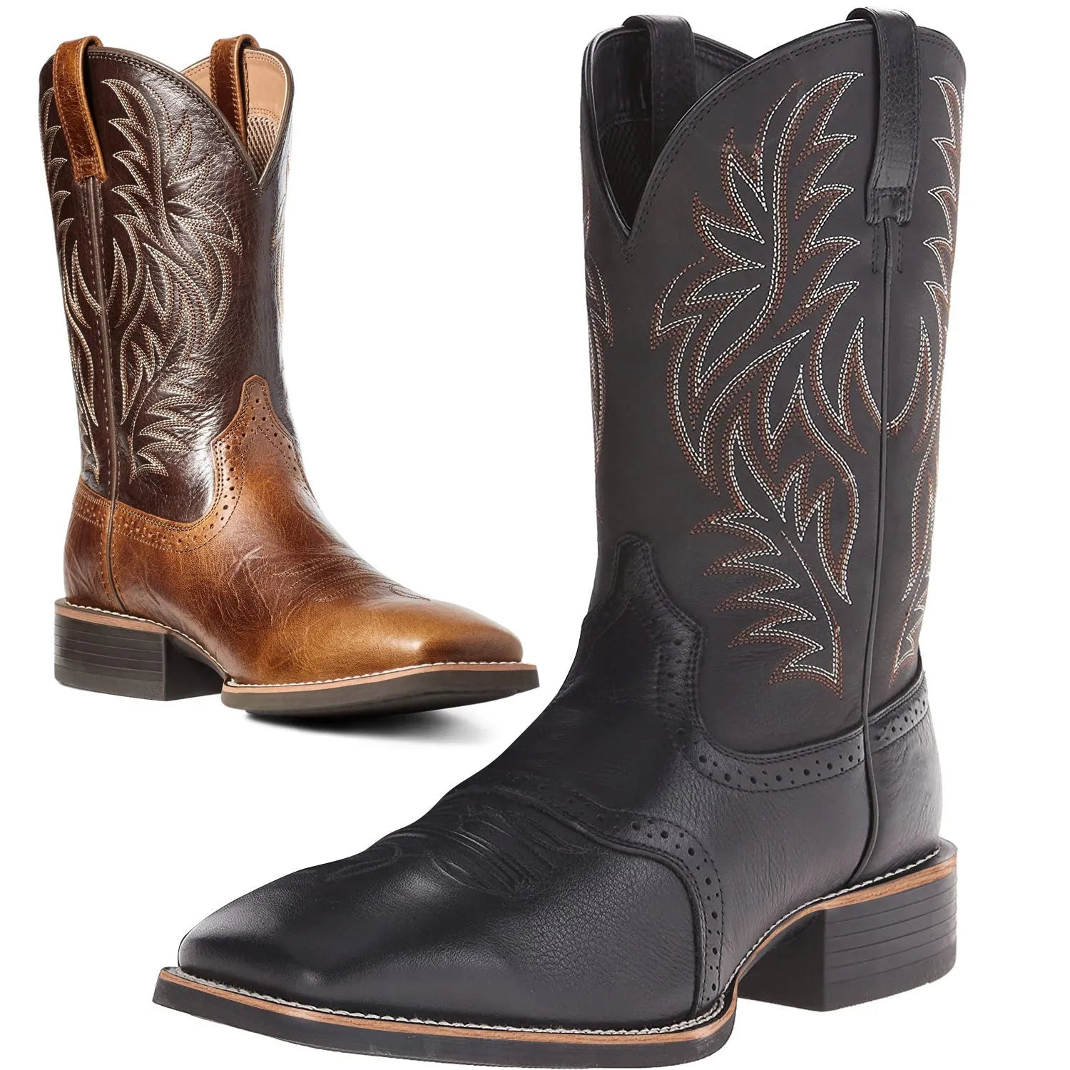 Men's black embroidered western cowboy boots with square toe and decorative stitching