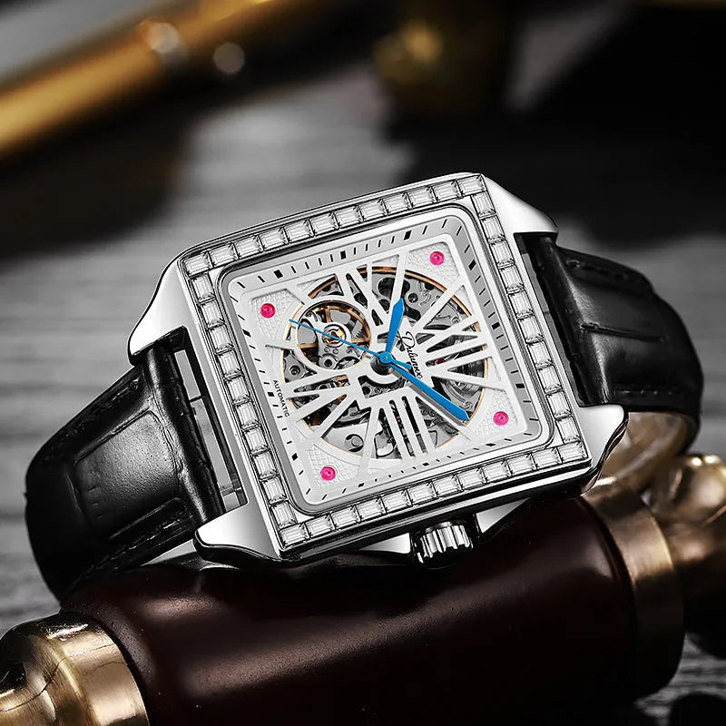 Men's square automatic watch with diamond-studded case on steel belt strap