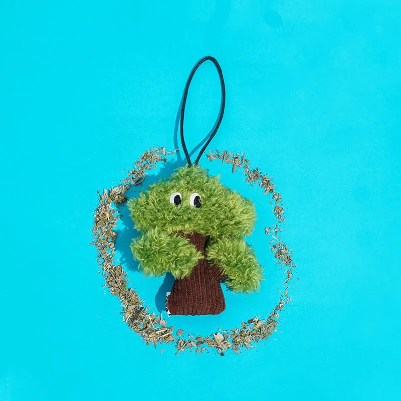 Pine tree shaped cat toy stick with catnip bag pendant, shown in large, medium, and small sizes.