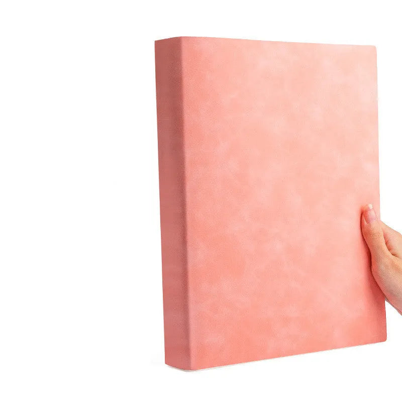 Thickened A4 soft leather notebook with imitation leather cover open to lined pages, showing ivory white paper and choice of multiple colours
