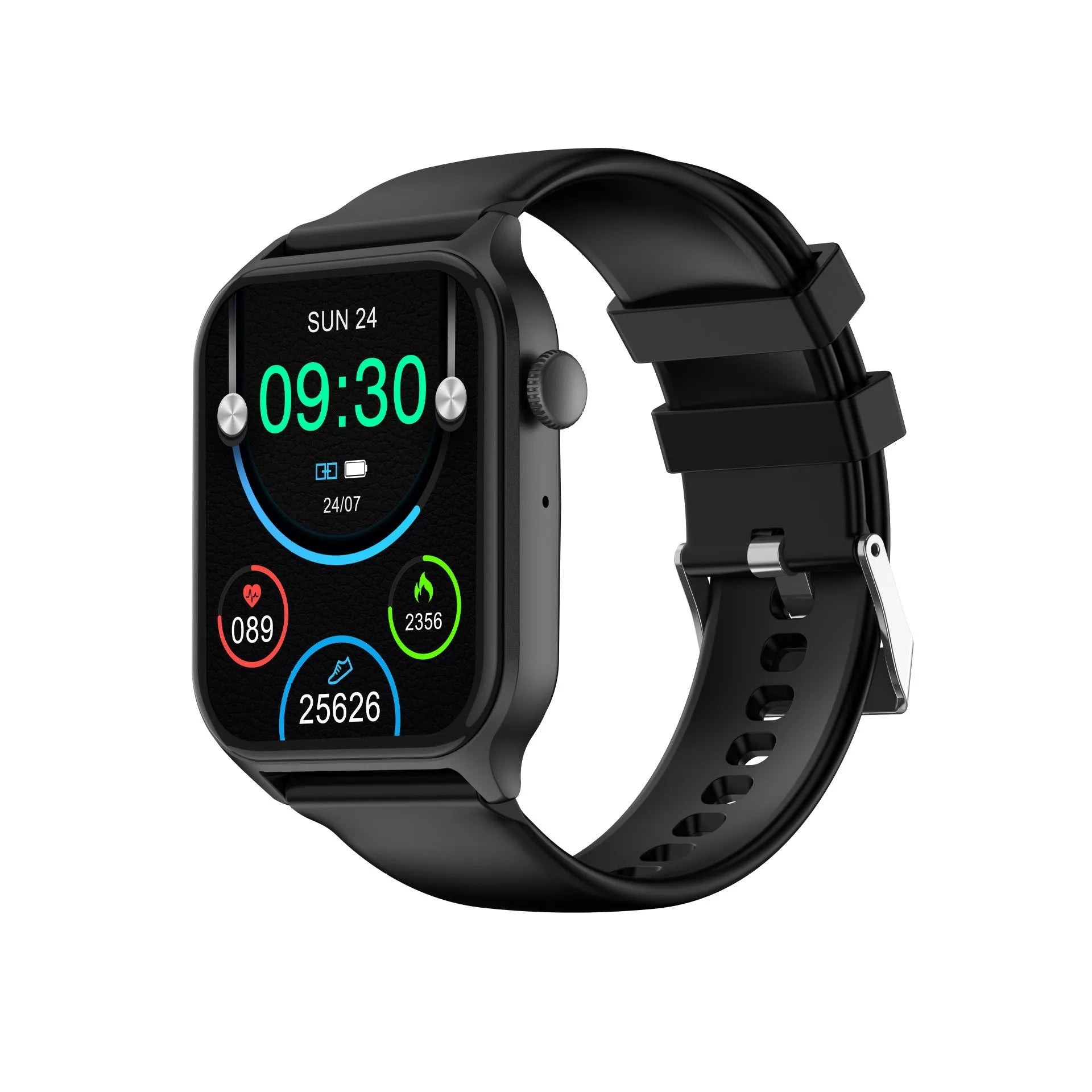 Z145 smart watch with touch screen displaying health stats, shown in a choice of black, grey, gold, silver, and violet colours.
