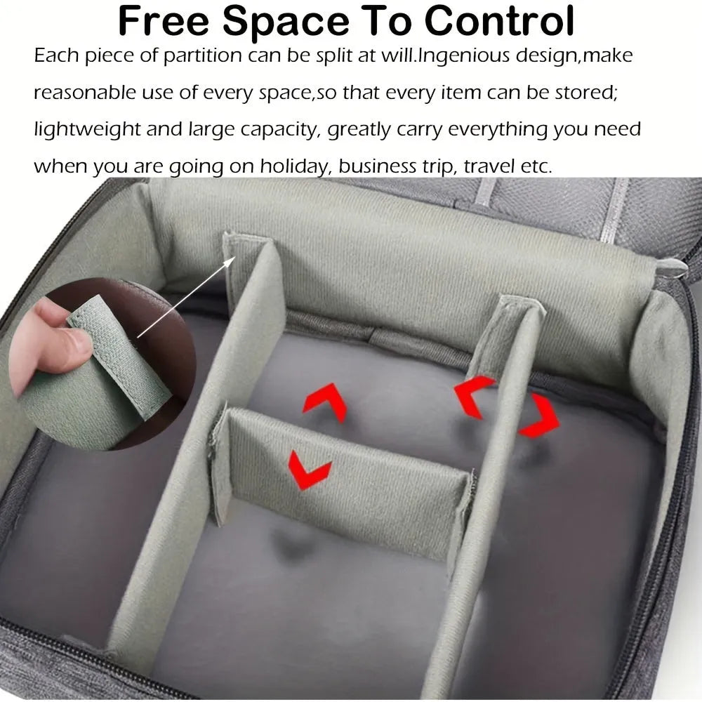 Black waterproof electronics organiser bag open, showing mesh pockets, elastic loops and removable dividers.