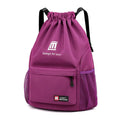 Oxford waterproof drawstring travel backpack in multiple colours showing foldable design and shoulder straps