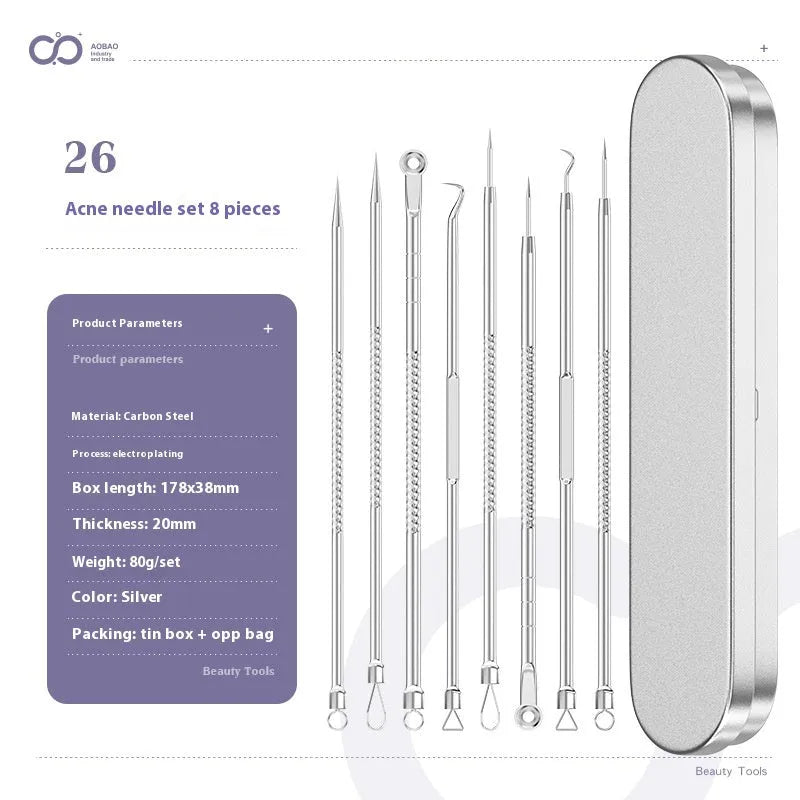 Set of four silver metal acne needles with pointed tips on a white background.