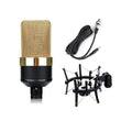 Wired condenser microphone with stand in black gold or champagne gold finish for recording and live broadcast.