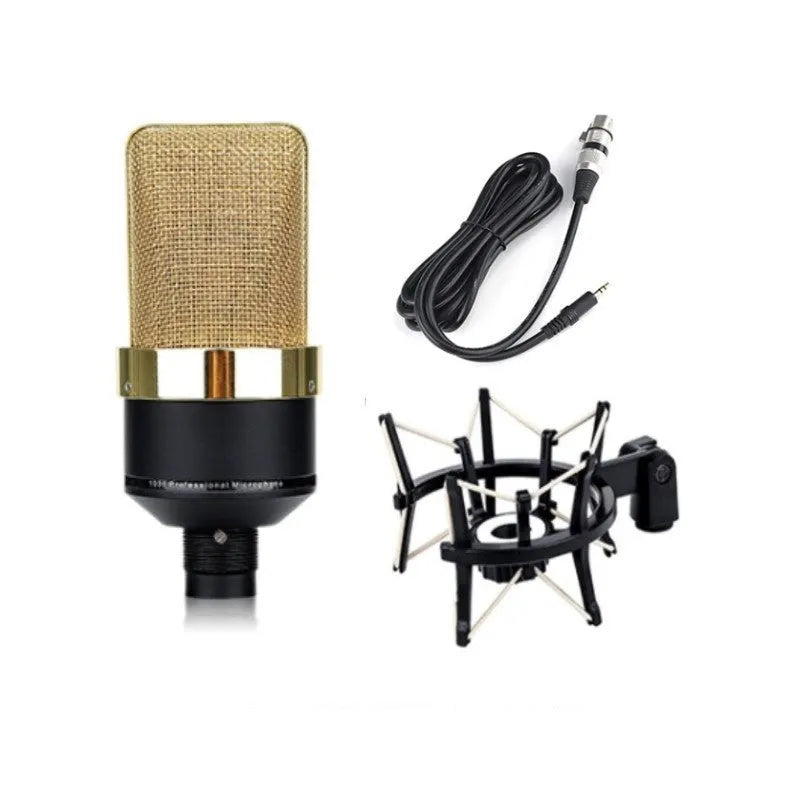 Wired condenser microphone with stand in black gold or champagne gold finish for recording and live broadcast.