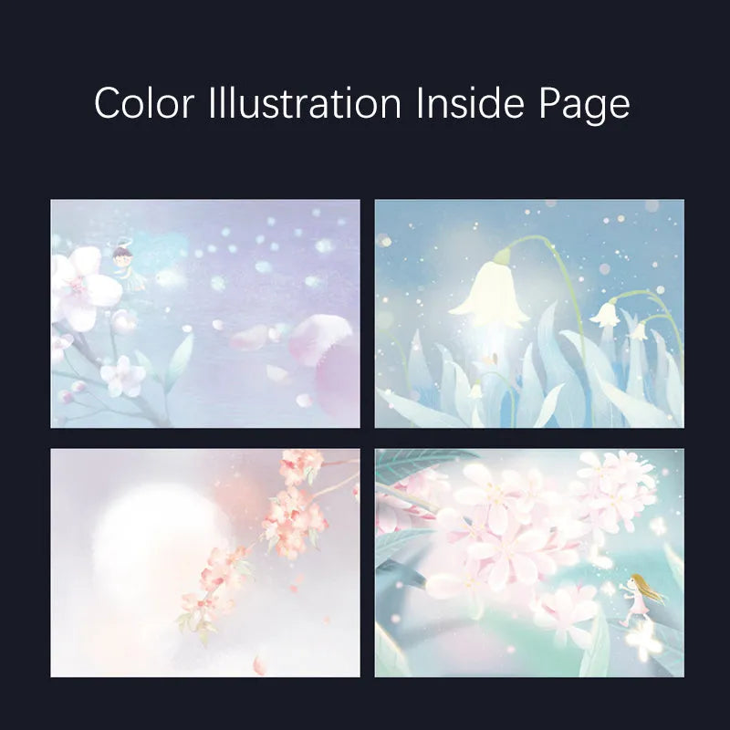 A5 size diary book with a luminous purple cover, open to show pages with colour illustrations.