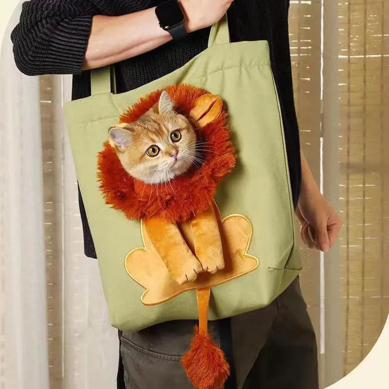 Soft canvas pet carrier bag with cartoon print and adjustable shoulder strap