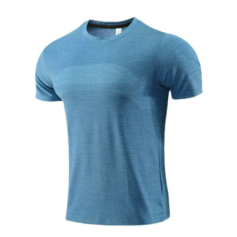 Men's red polyester spandex short sleeve sports t-shirt for running and basketball.