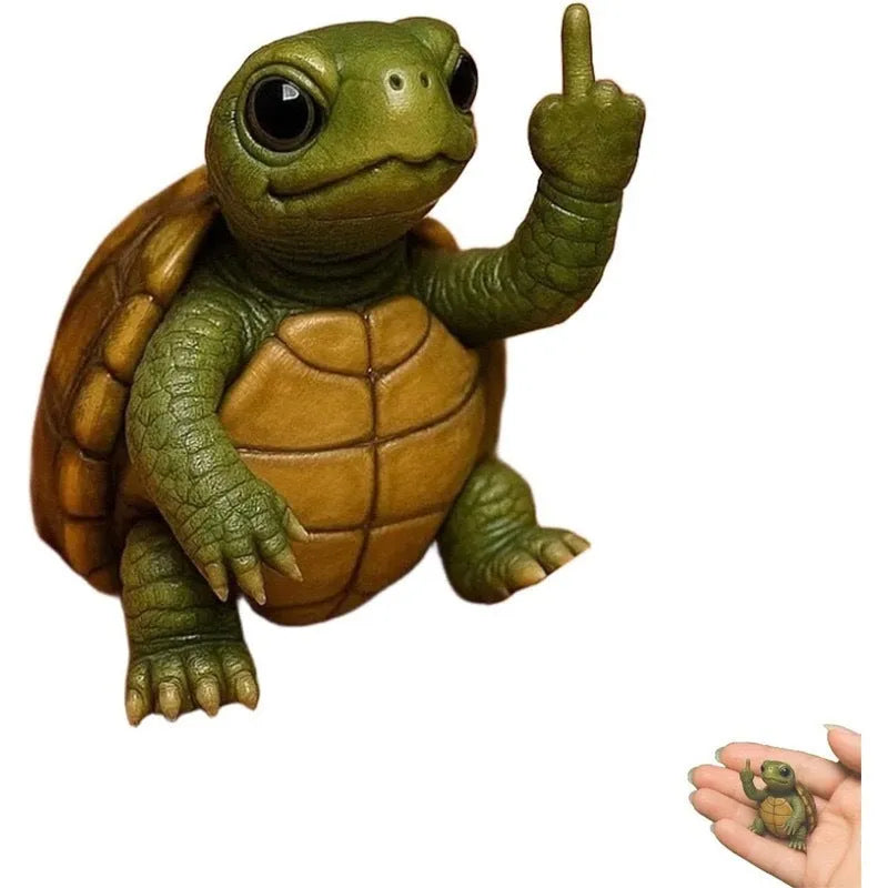 Mini resin animal doll in vertical middle finger pose - available in seven animal designs including cat, dog, elephant, frog, highland cattle, mouse, and turtle