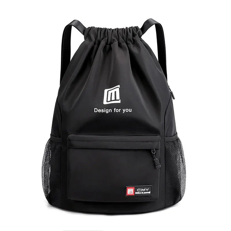 Oxford waterproof drawstring travel backpack in multiple colours showing foldable design and shoulder straps