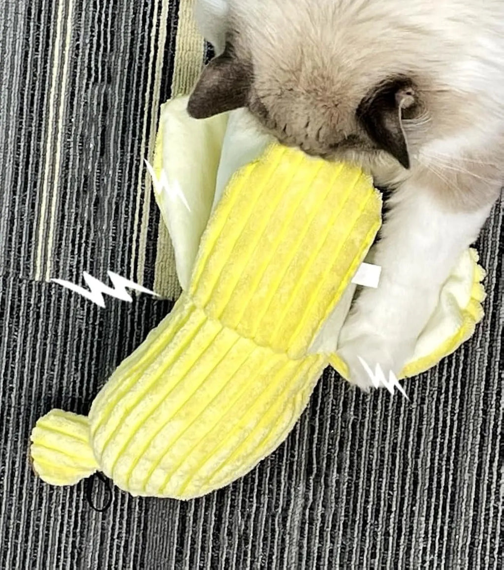 Yellow banana cat toy with crinkle sound measuring 13 inches long