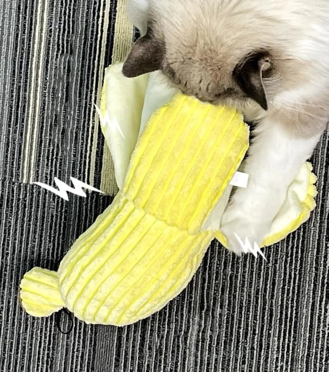 Yellow banana cat toy with crinkle sound measuring 13 inches long