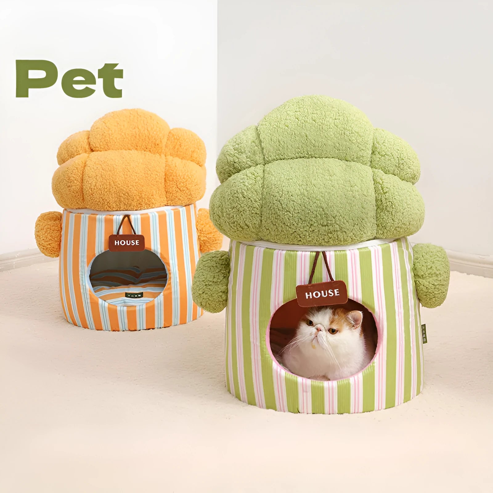 Green creative cauliflower-shaped enclosed pet house for a small dog or cat.