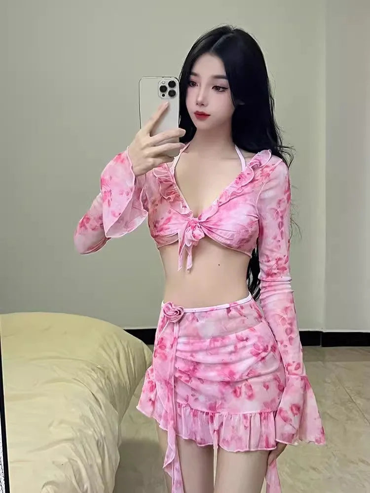 Women's floral cherry blossom pink bikini set for beach and hot spring wear