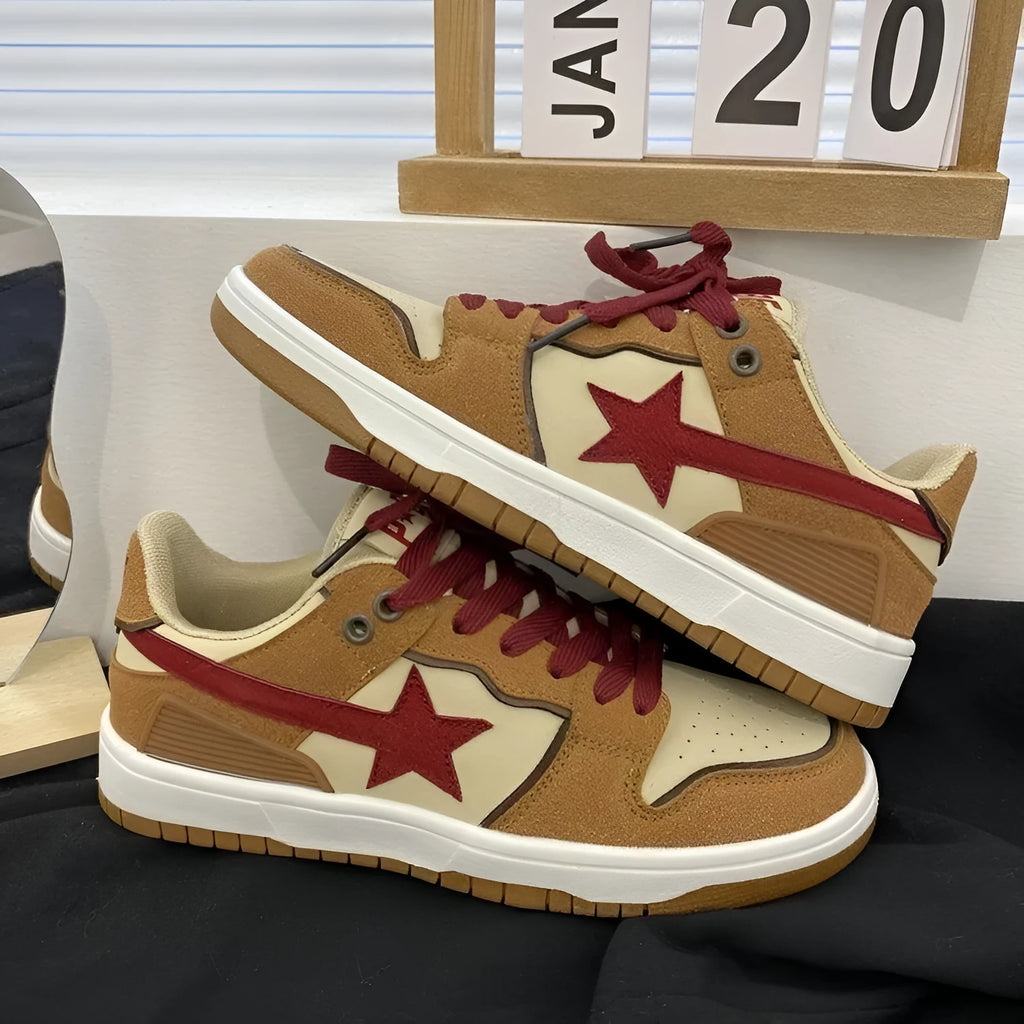 Brown women's lace-up platform sneakers with sequin details and a rubber sole.