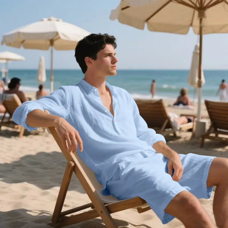 Men's linen shorts suit set showing long sleeve shirt and casual shorts in a light colour