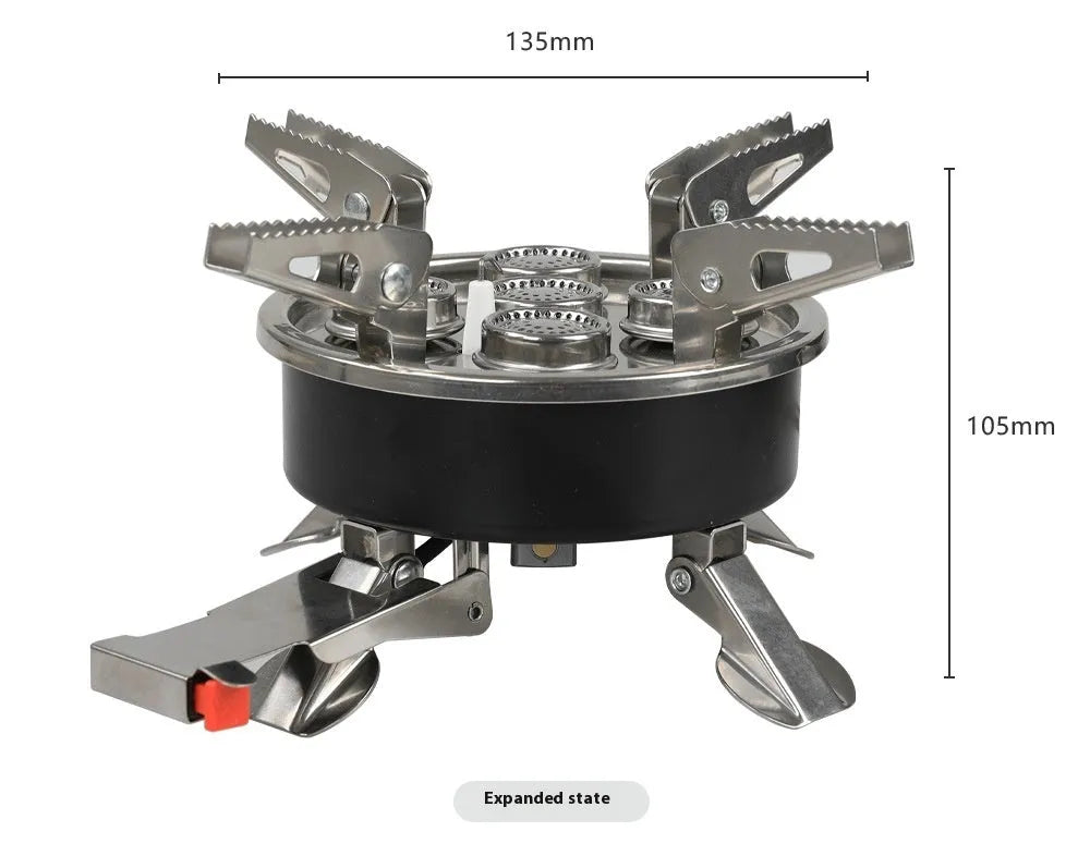 Silver coloured portable split stove made of stainless steel and copper with a long hose, shown folded for transport.