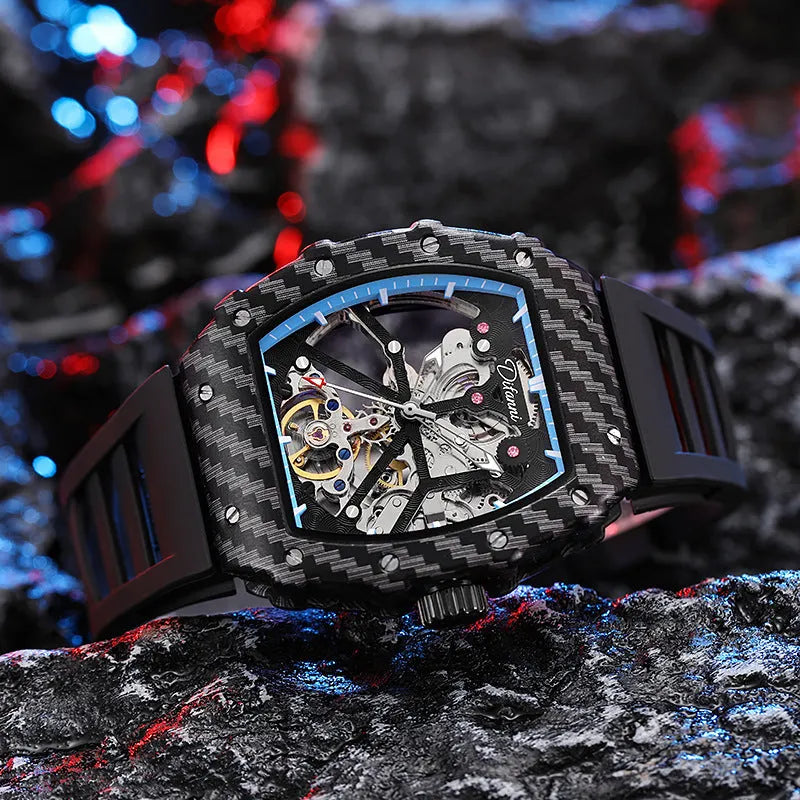 Mechanical waterproof men's watch with luminous hands, black face and rubber strap