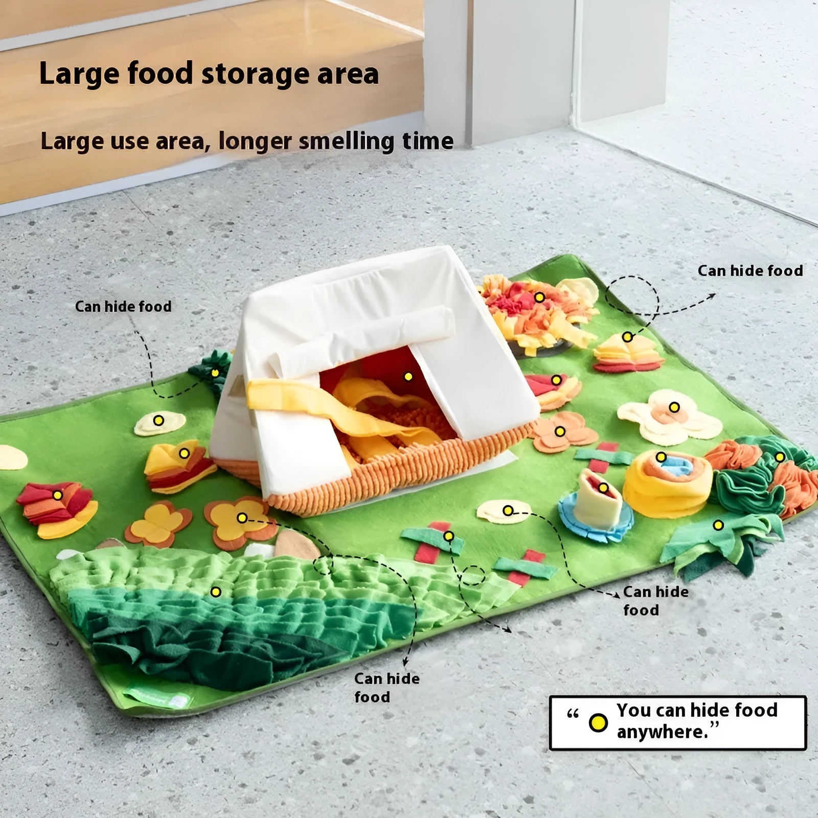 Plastic fabric dog sniffing mat with food hiding design in garden camping theme