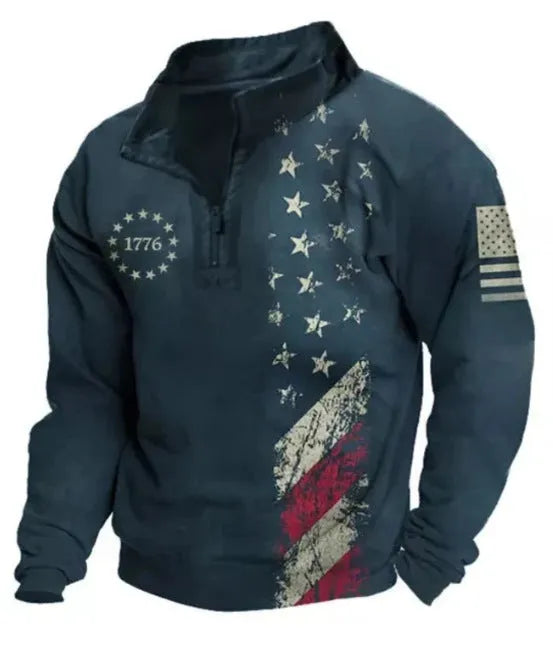 Man wearing a loose-fit long sleeve t-shirt with retro stripe print and zipper details, suitable for golf.