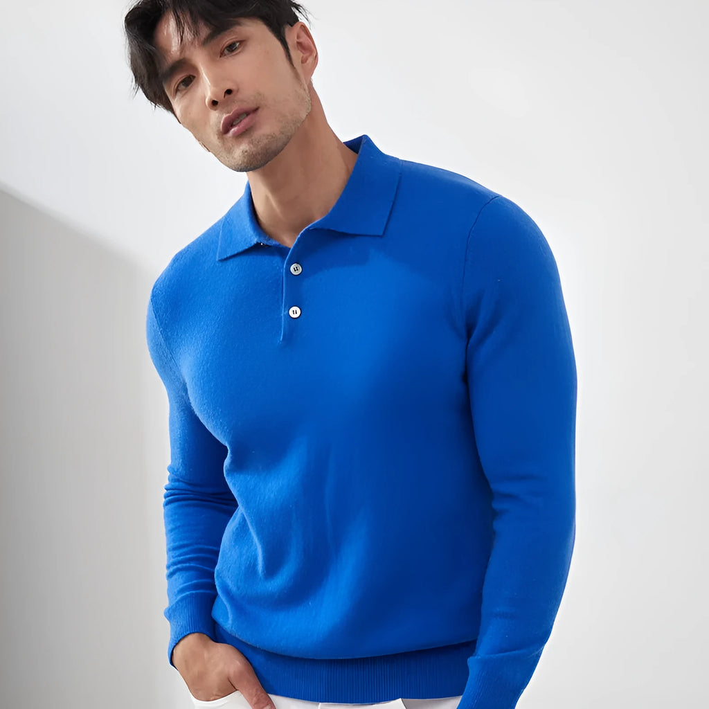 Men's cashmere polo collar pullover sweater in loose fit on hanger