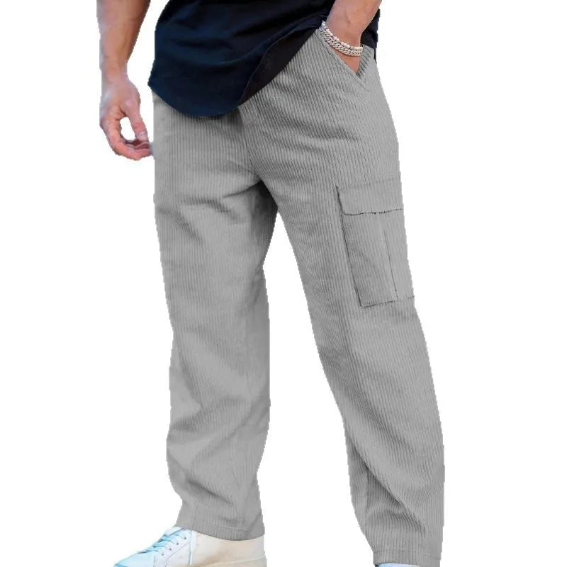 Men's corduroy cargo trousers in straight-leg design with micro-elastic waist and drawstring closure