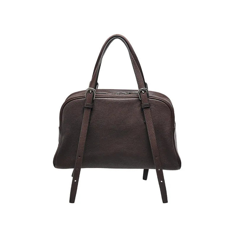 Women's genuine leather retro shoulder bag with horizontal square design in black, brown, or elephant grey colour options