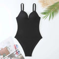 Women's one-piece swimsuit with sunken stripe pattern in polyester fabric, shown in multiple colour options