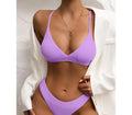 Women's solid colour nylon bikini set in six colours including black, white, blue, purple, rose red, and coffee