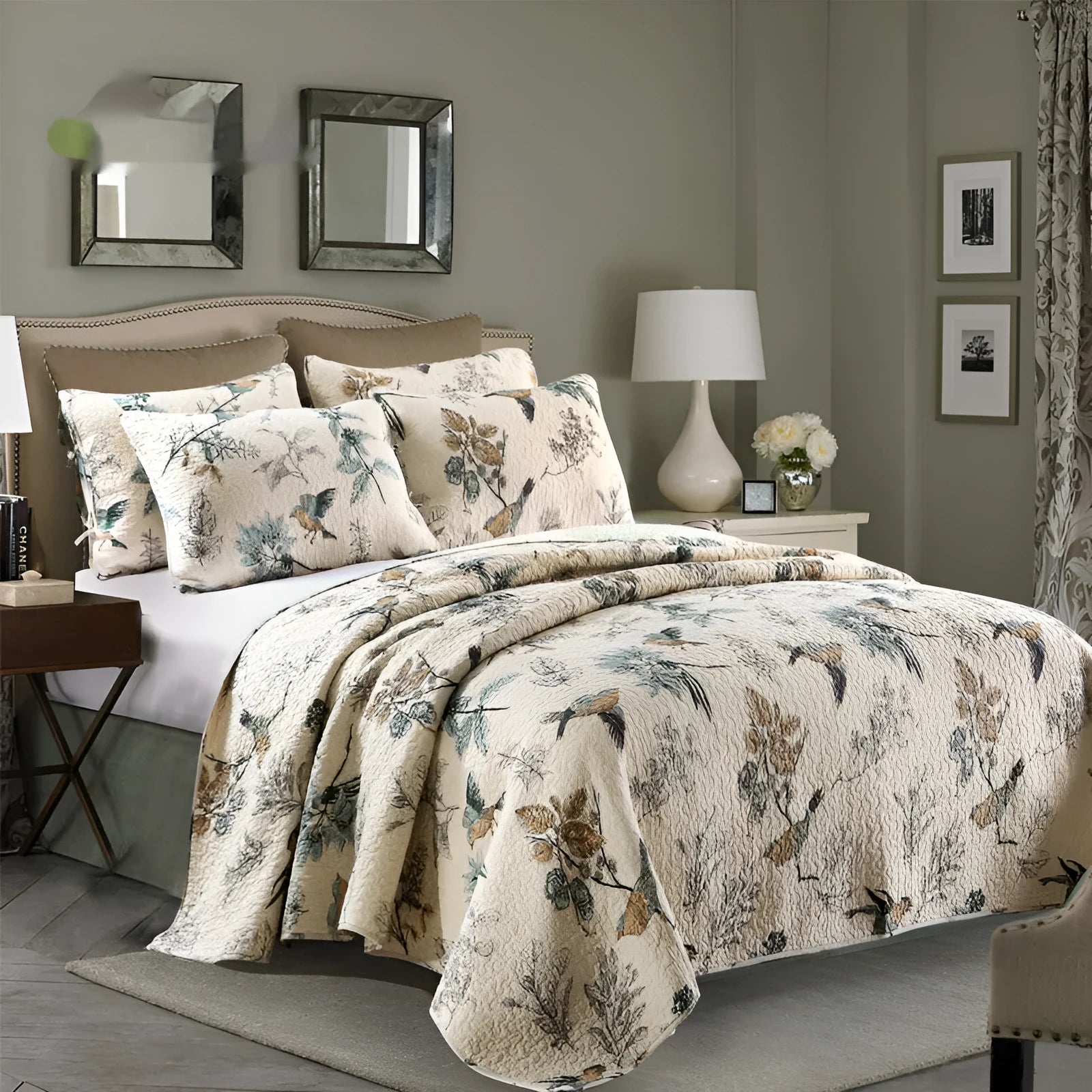 Cotton quilted bed cover three-piece set with printed pattern for 1.5-1.8 metre beds