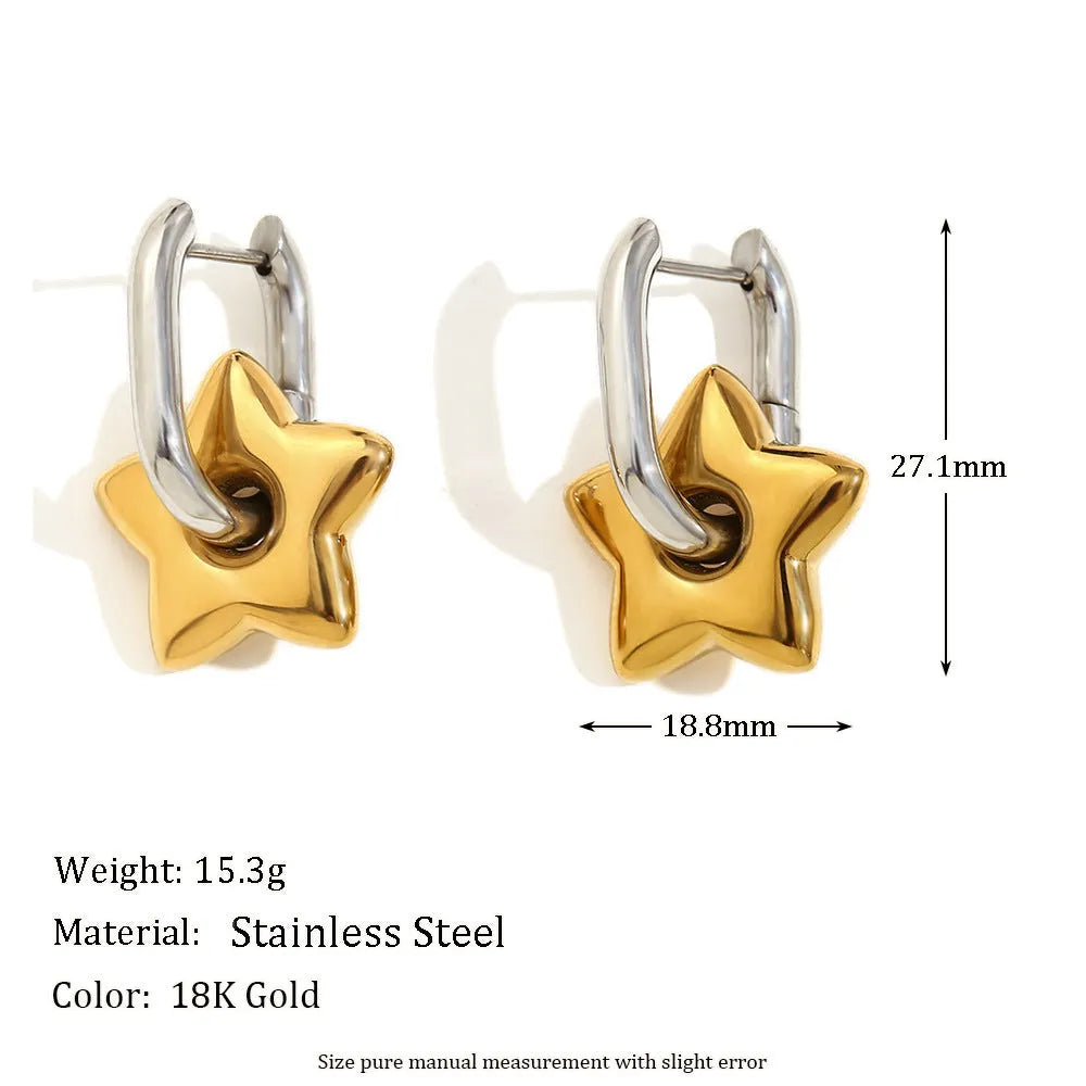 Women's geometric gold stainless steel jewellery set showing earrings, bracelet and necklace