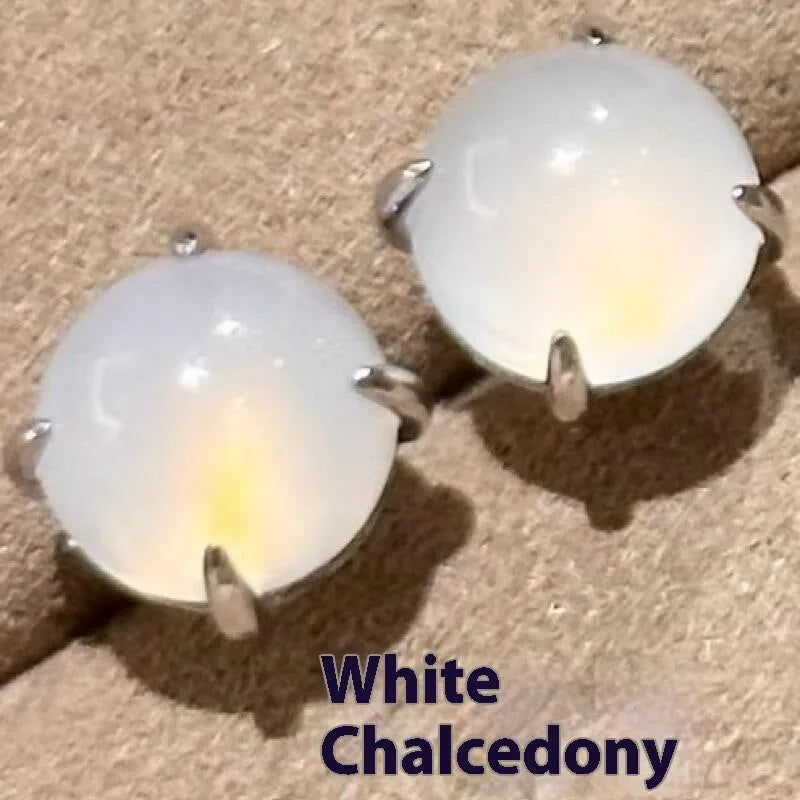 Chinese style round egg surface chalcedony earrings with four claw settings in three colour options