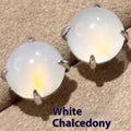 Chinese style round egg surface chalcedony earrings with four claw settings in three colour options