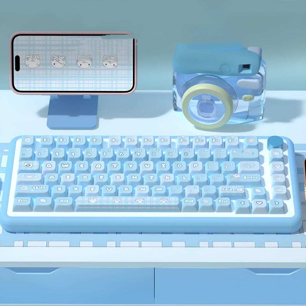Watercolour kitten design custom PBT keycap set for mechanical keyboards, showing 138-key and 158-key options.