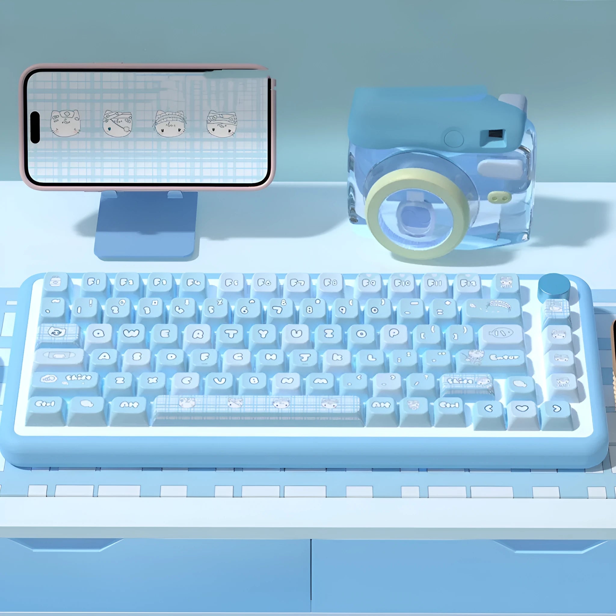 Watercolour kitten design custom PBT keycap set for mechanical keyboards, showing 138-key and 158-key options.