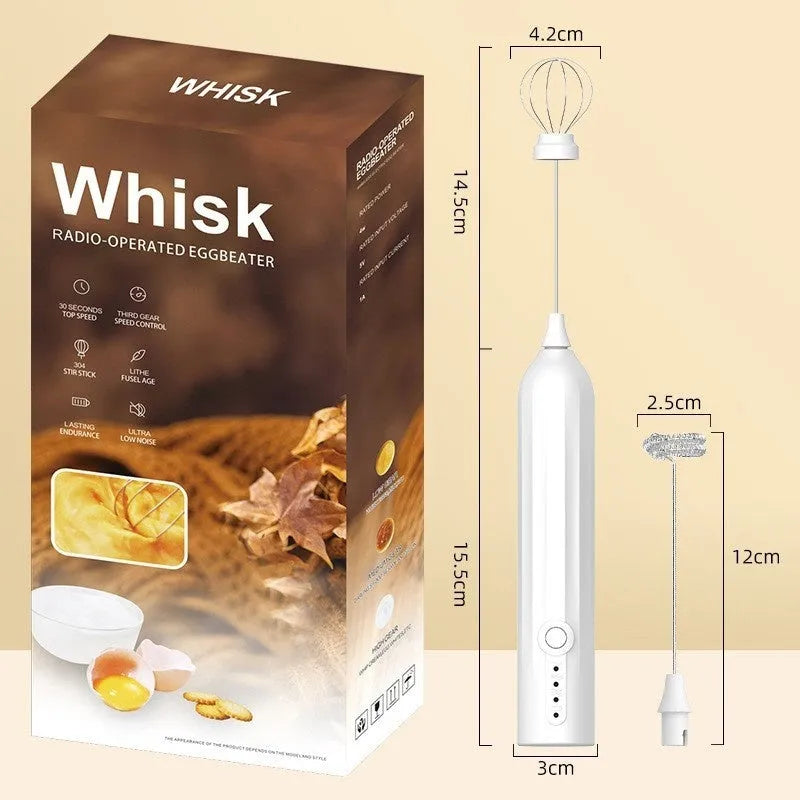 Mini handheld electric milk frother in black, white or khaki colours with USB charging port and stainless steel frothing wand