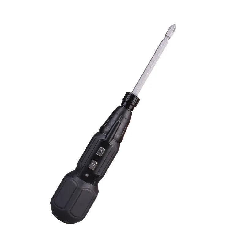 Black and blue alloy steel straight handle cordless electric screwdriver on a workbench.